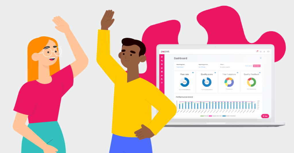 A cartoon man and woman high five in front of a screenshot from Puzzel's Quality Assurance solution for contact centres.