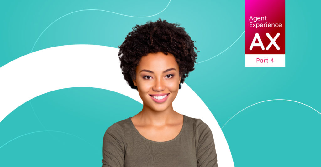 A woman smiles in front of a teal background.