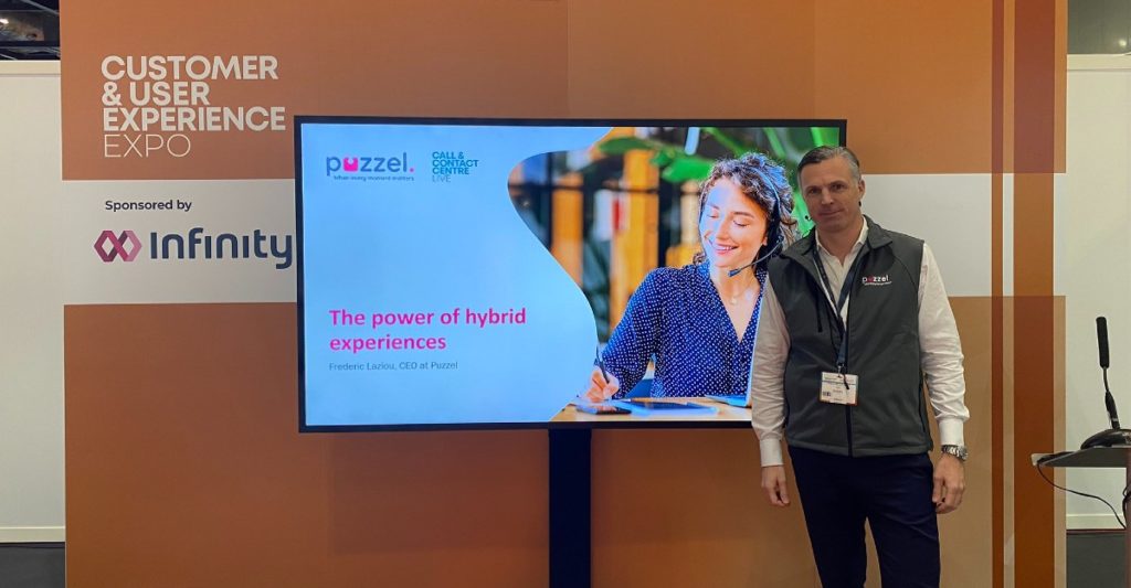 Puzzel CEO Frederic Laziou presents a keynote speech on the power of hybrid experiences.